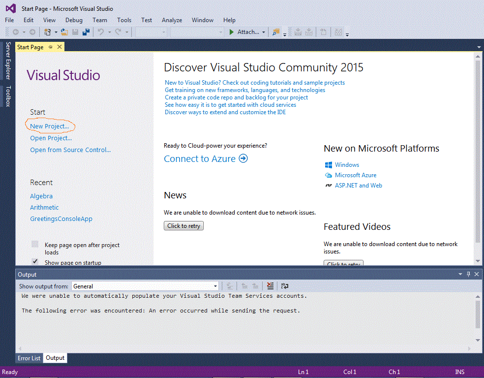 Visual Studio Start Page