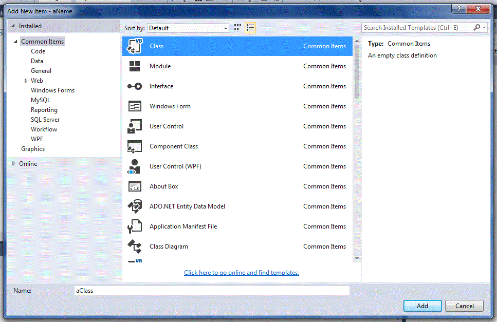 Visual Studio New Class